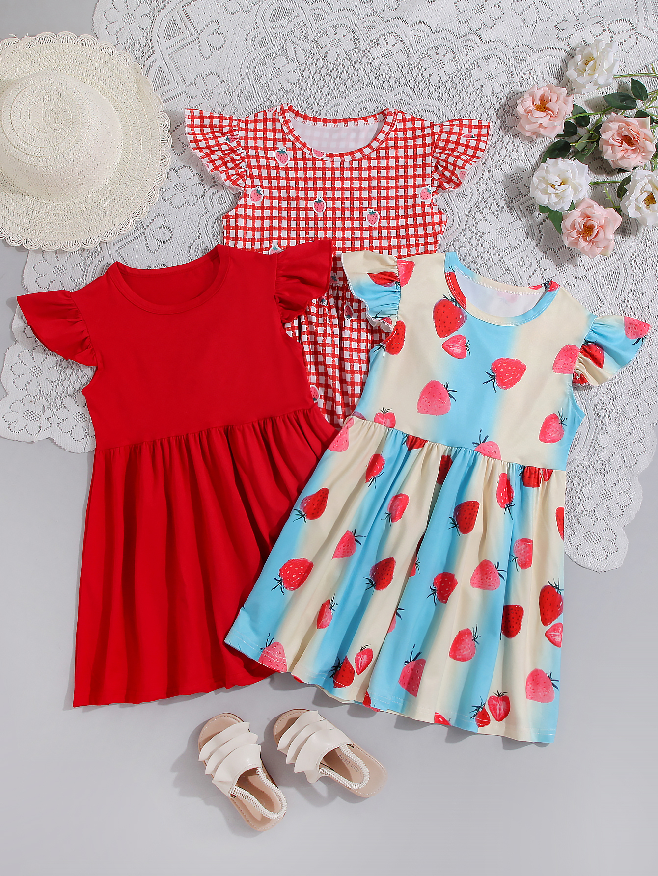 Kids' Playful Spaghetti Strap Dress Three - Piece Set (Multi - Pattern Summer Styles)