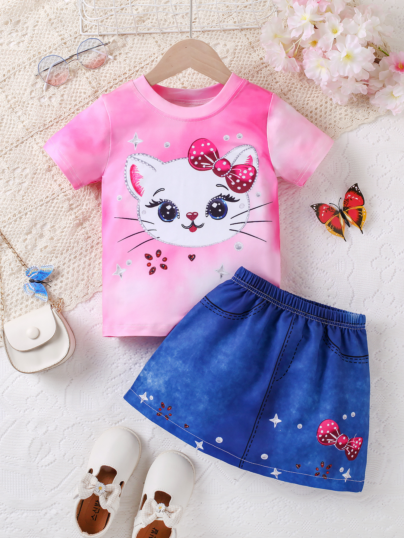 Girls' Pink Gradient Cat - Printed Short - Sleeve & Denim - Style Bow Skirt Set 突出童趣风格版