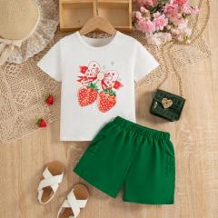 Girls' White Short - Sleeve (Strawberry & Bow Print) & Green Shorts Two - Piece Set
