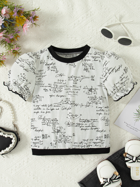 Kids' Math-Print Contrast-Trim Short-Sleeve T-Shirts (Available in White/Black/Pink/Green)