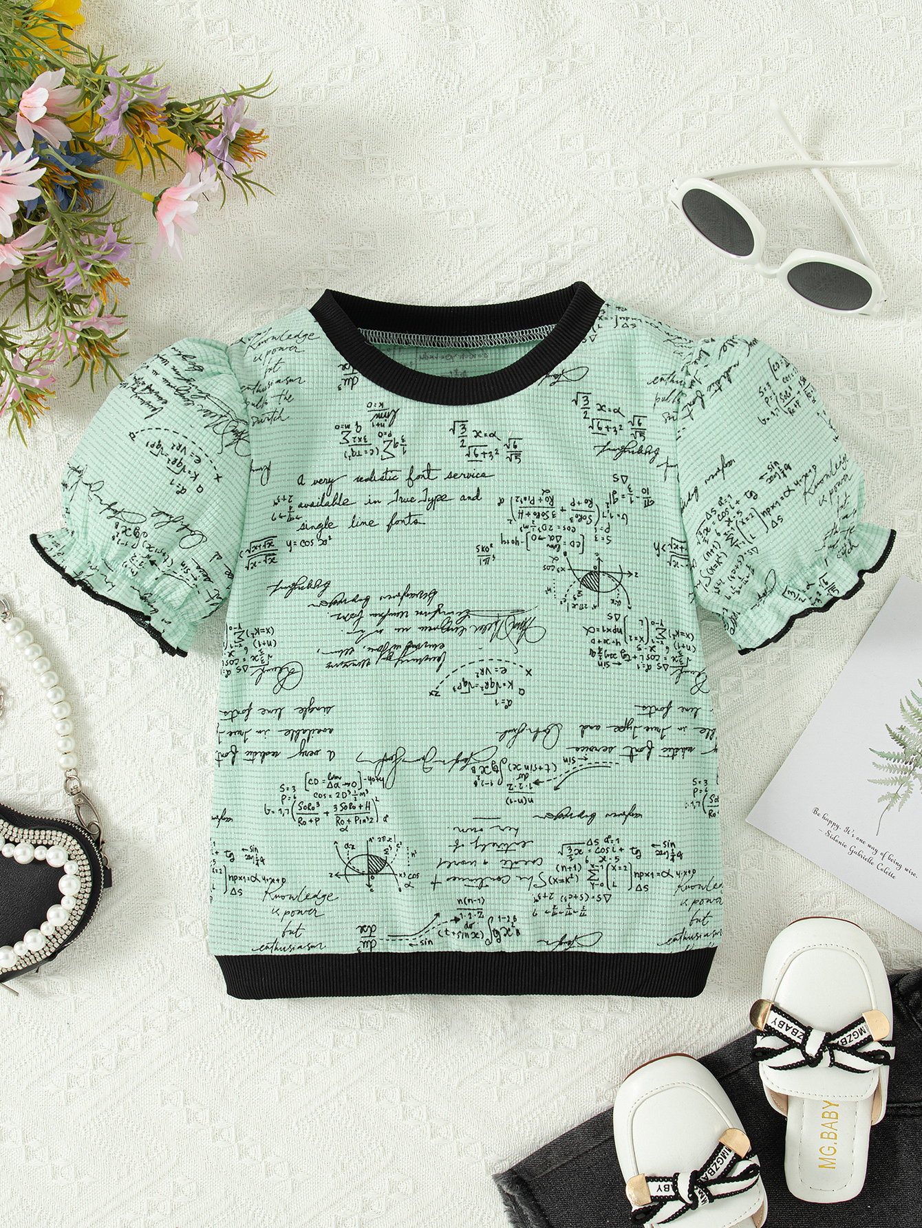 Kids' Math-Print Contrast-Trim Short-Sleeve T-Shirts (Available in White/Black/Pink/Green)