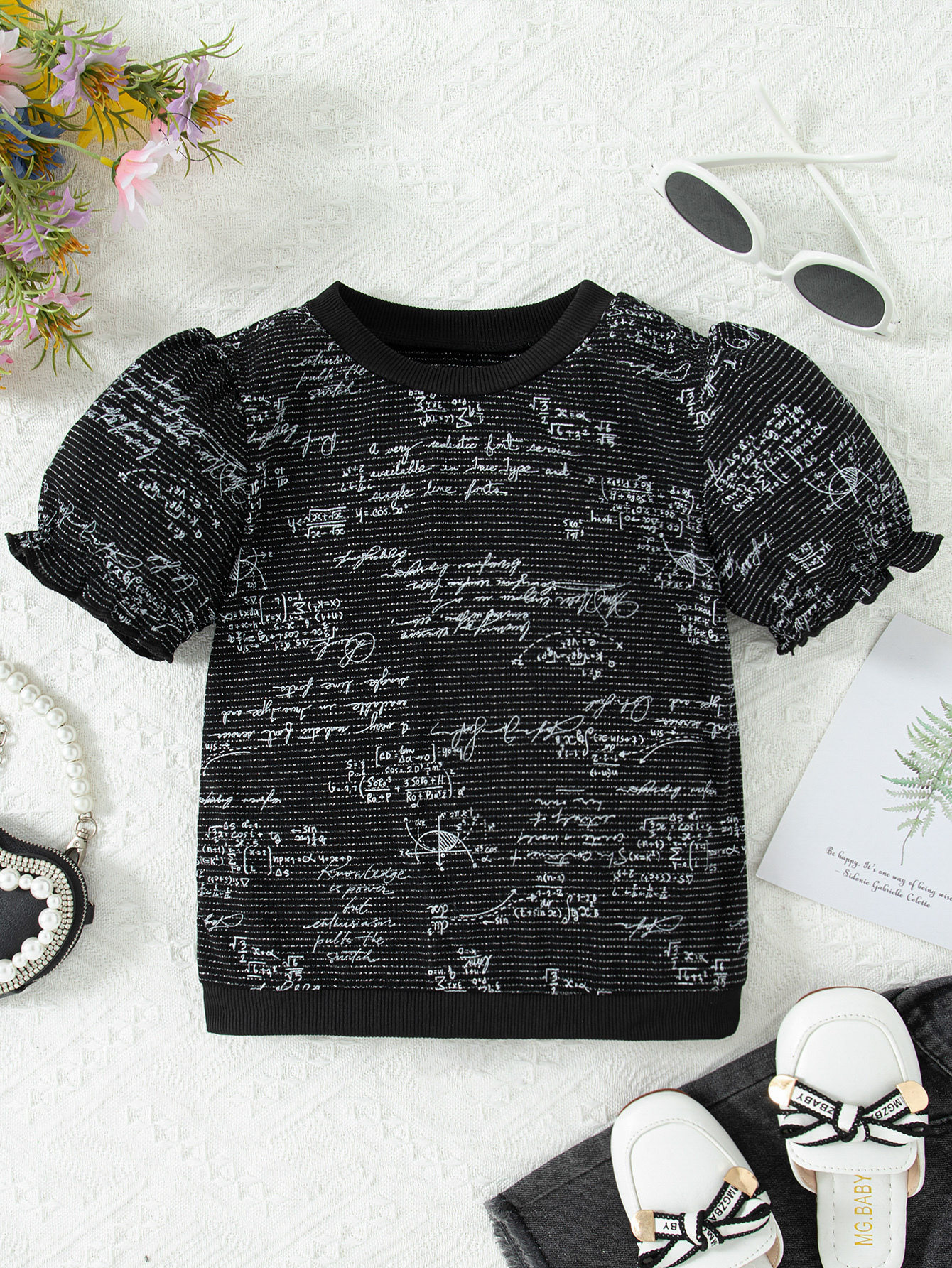 Kids' Math-Print Contrast-Trim Short-Sleeve T-Shirts (Available in White/Black/Pink/Green)