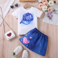 Kids' White Short - Sleeve (Happy Hat Print) & Love - Patterned Denim Skirt Two - Piece Set