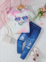 Kids' Tie - Dye Gradient Heart - Shaped Glasses Printed Short - Sleeve Set