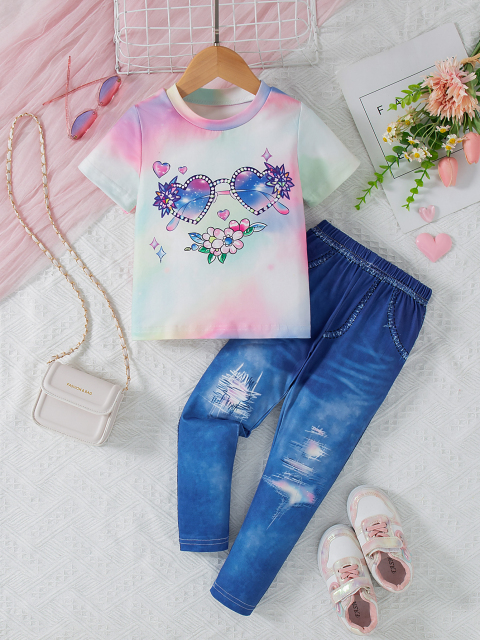 Kids' Tie - Dye Gradient Heart - Shaped Glasses Printed Short - Sleeve Set
