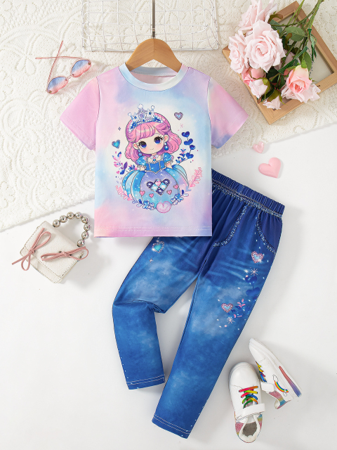 Kids' Gradient Princess - Printed Short - Sleeve & Long - Pants Cute Set