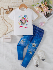 Kids' Short - Sleeve with Perfume Bottle Pattern & Denim - Style Leopard - Star Pants Set
