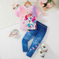 Girls' Cute Gradient Pink - Blue Unicorn Print Short - Sleeve and Long Pants Outfit