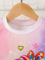 Girls' Cute Gradient Pink - Blue Unicorn Print Short - Sleeve and Long Pants Outfit