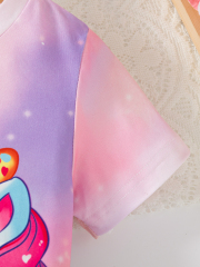 Girls' Cute Gradient Pink - Blue Unicorn Print Short - Sleeve and Long Pants Outfit