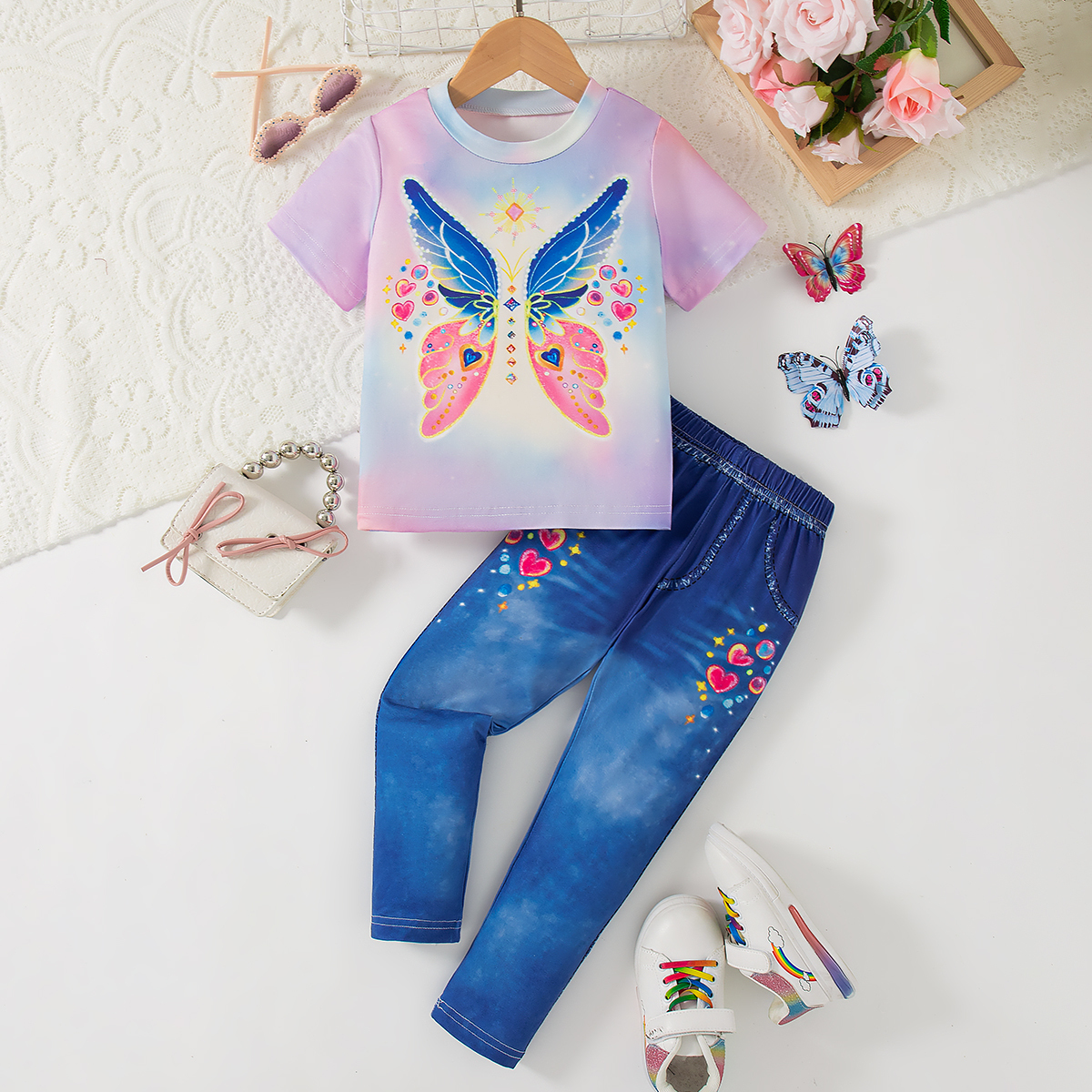 Girls' Gradient Butterfly & Heart - Printed Short - Sleeve and Long - Pants Set