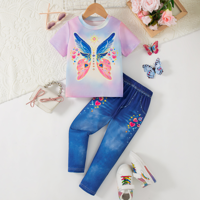 Girls' Gradient Butterfly & Heart - Printed Short - Sleeve and Long - Pants Set