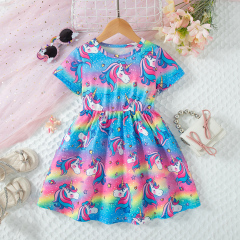 Girls' Rainbow - Gradient Unicorn - All - Over - Print Waist - Gathered Short - Sleeve Dress