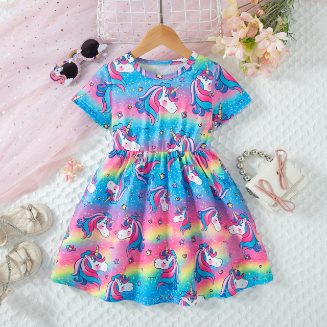 Girls' Rainbow - Gradient Unicorn - All - Over - Print Waist - Gathered Short - Sleeve Dress