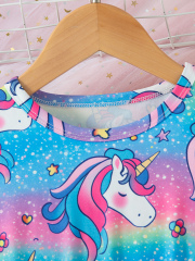 Girls' Rainbow - Gradient Unicorn - All - Over - Print Waist - Gathered Short - Sleeve Dress