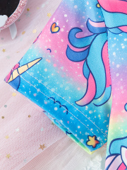 Girls' Rainbow - Gradient Unicorn - All - Over - Print Waist - Gathered Short - Sleeve Dress