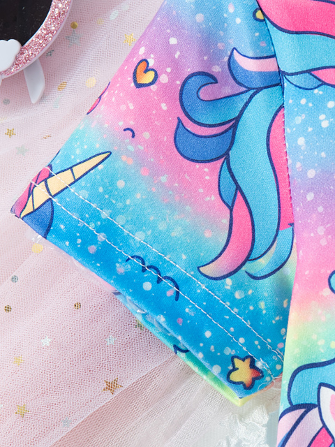 Girls' Rainbow - Gradient Unicorn - All - Over - Print Waist - Gathered Short - Sleeve Dress