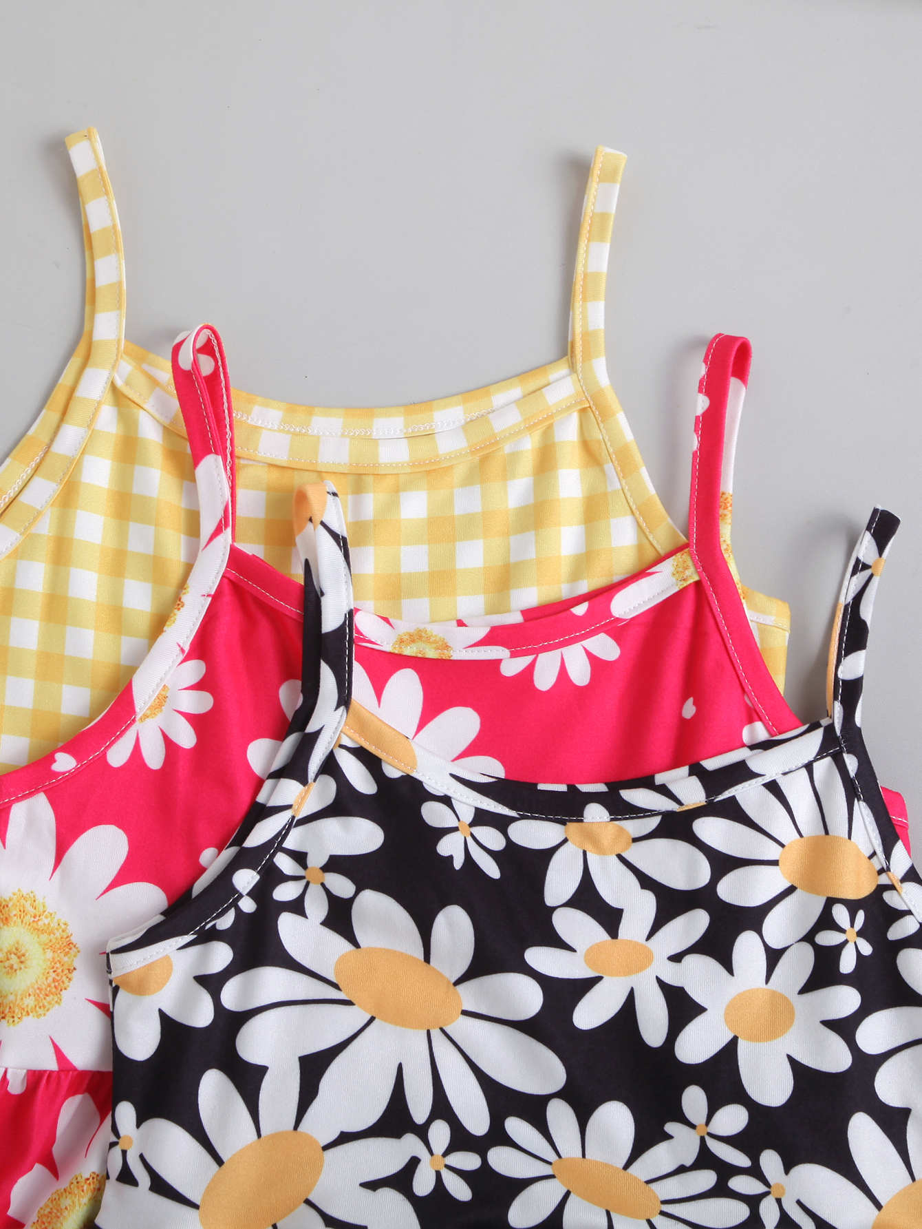 Girls' Fresh Spaghetti Strap Dress Three - Piece Set (Daisy/Checkered/Flower - Printed Styles)