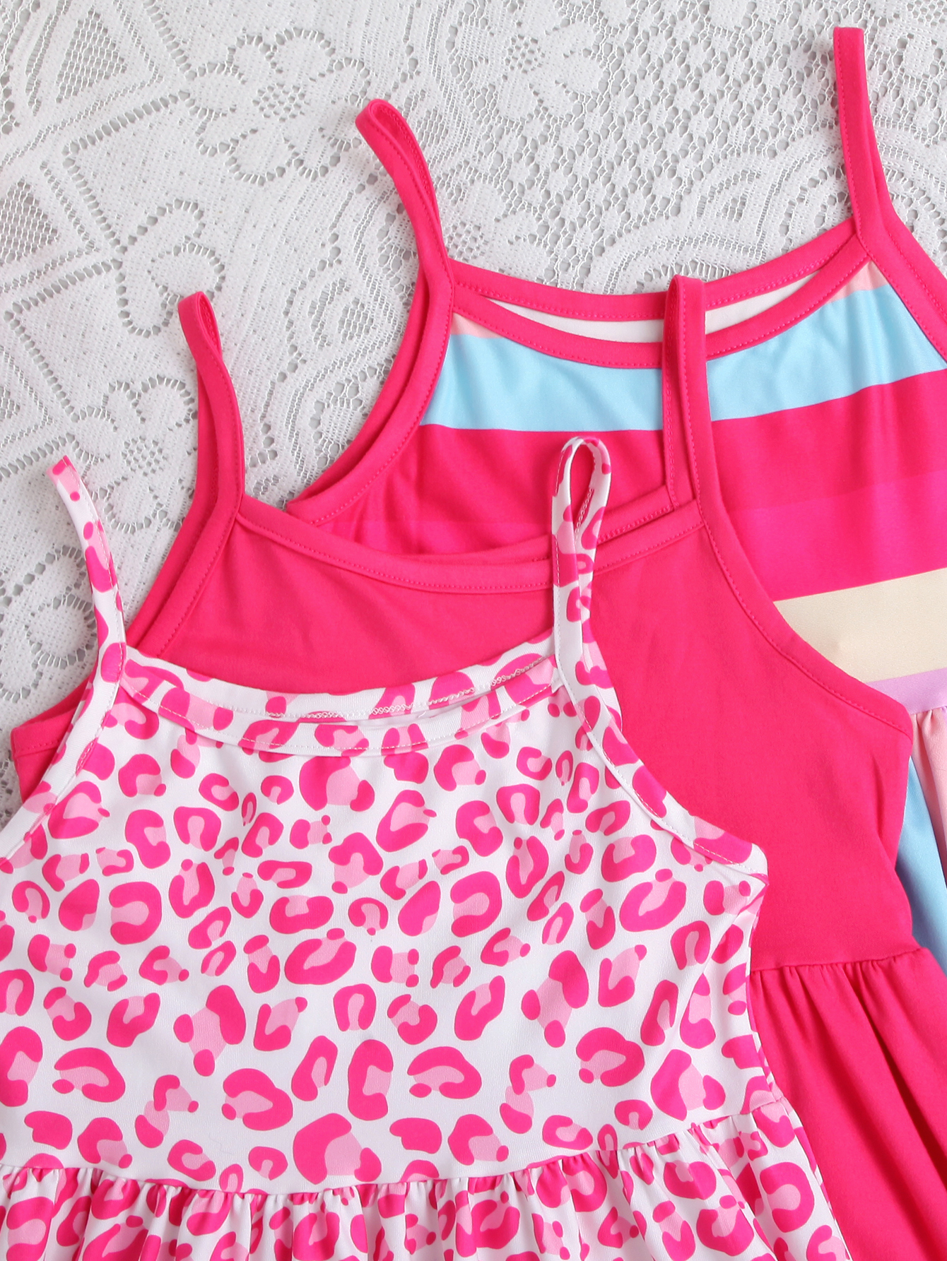 Girls' Sweet Spaghetti Strap Dress Three - Piece Set (Pink - Toned Leopard Print/Solid Color/Color Stripes)