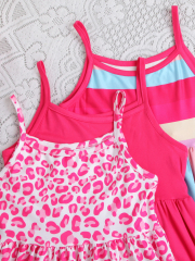 Girls' Sweet Spaghetti Strap Dress Three - Piece Set (Pink - Toned Leopard Print/Solid Color/Color Stripes)