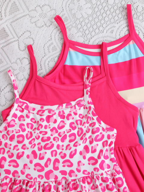 Girls' Sweet Spaghetti Strap Dress Three - Piece Set (Pink - Toned Leopard Print/Solid Color/Color Stripes)