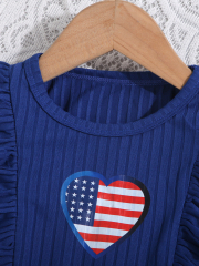 Girls' Blue Dress with Ruffled Sleeves & Heart - Shaped Flag - Printed Patchwork