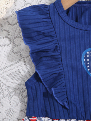 Girls' Blue Dress with Ruffled Sleeves & Heart - Shaped Flag - Printed Patchwork