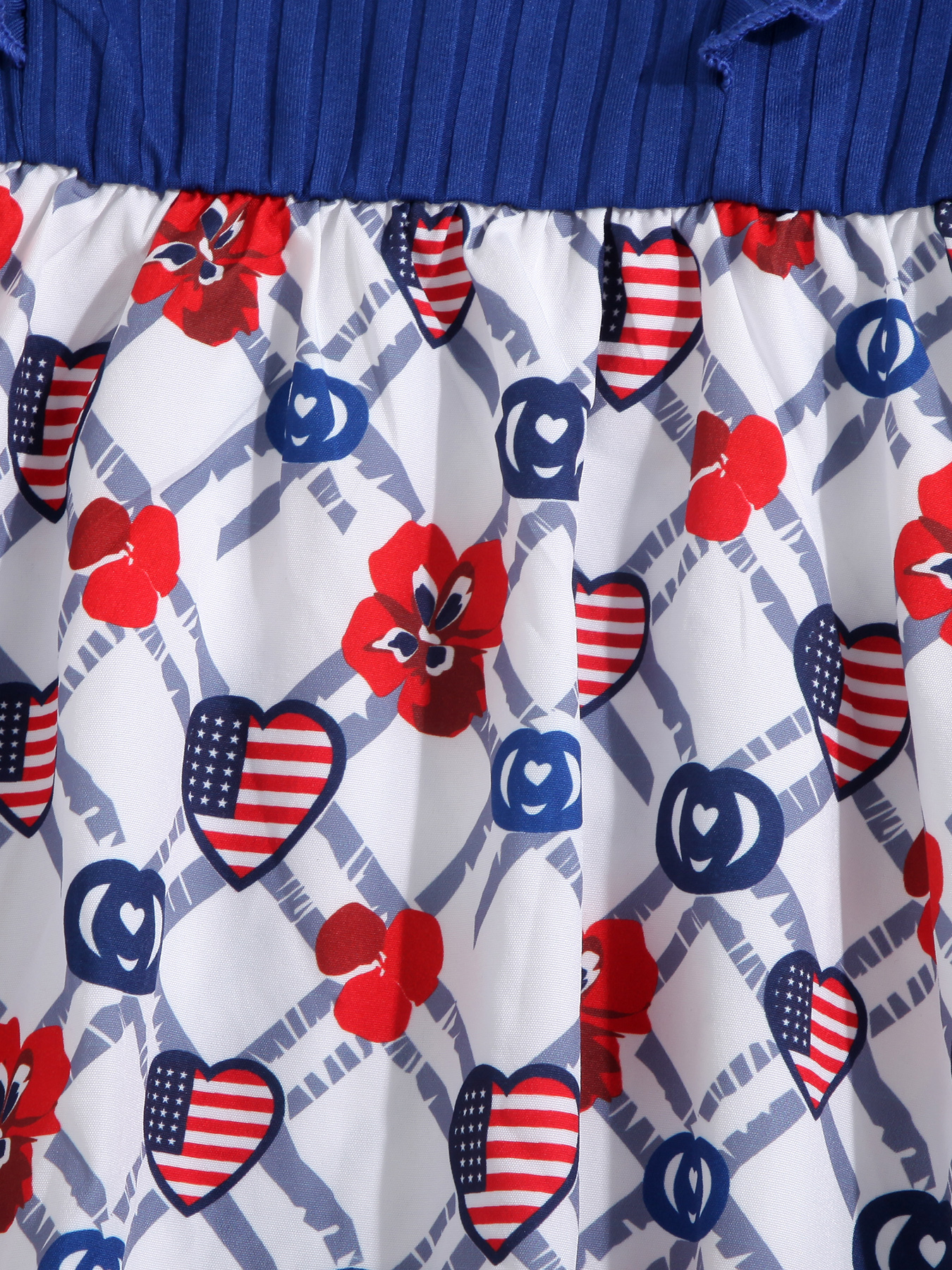 Girls' Blue Dress with Ruffled Sleeves & Heart - Shaped Flag - Printed Patchwork