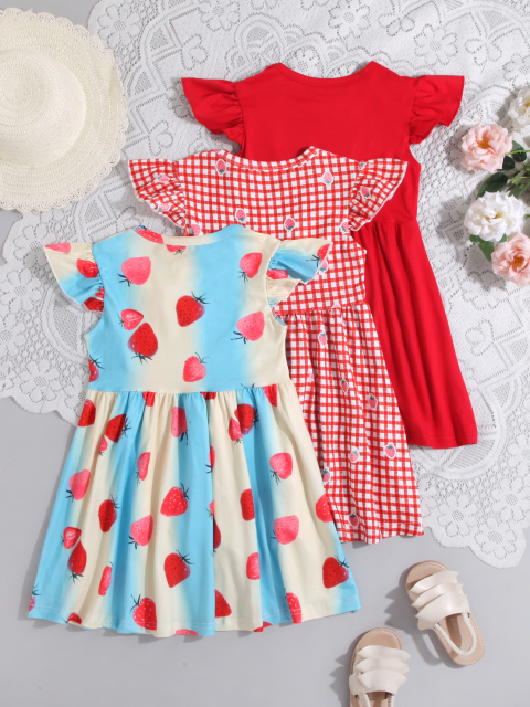 Kids' Playful Spaghetti Strap Dress Three - Piece Set (Multi - Pattern Summer Styles)