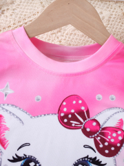 Girls' Pink Gradient Cat - Printed Short - Sleeve & Denim - Style Bow Skirt Set 突出童趣风格版