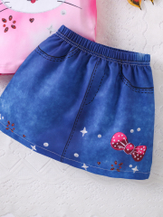 Girls' Pink Gradient Cat - Printed Short - Sleeve & Denim - Style Bow Skirt Set 突出童趣风格版