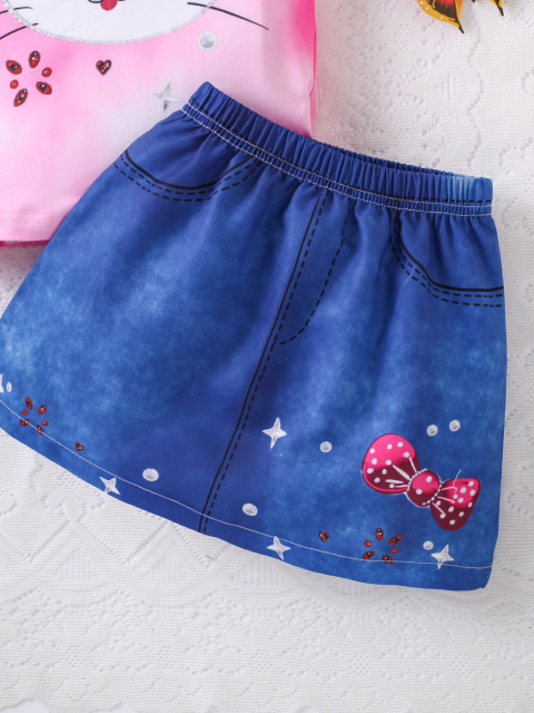 Girls' Pink Gradient Cat - Printed Short - Sleeve & Denim - Style Bow Skirt Set 突出童趣风格版