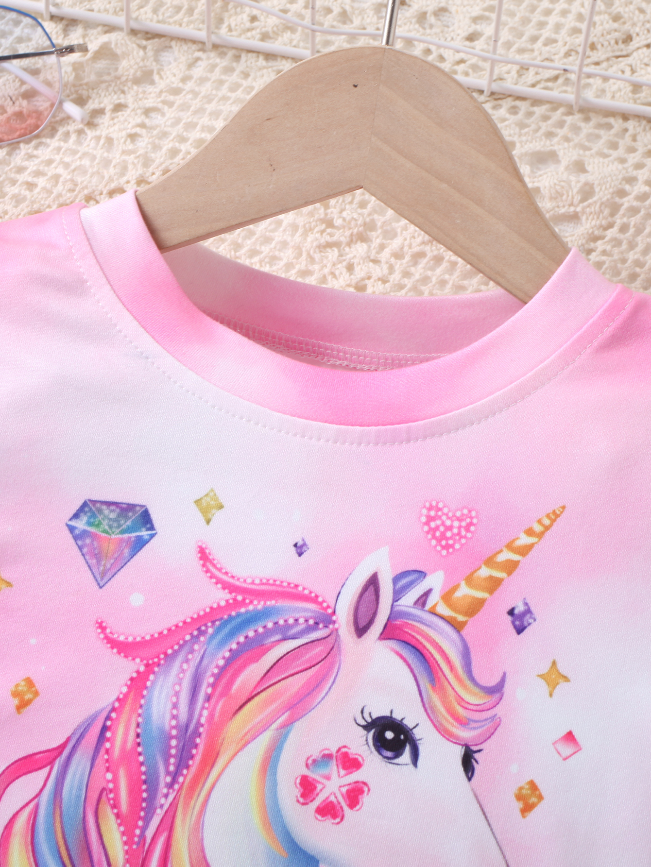 Kids' Pink Gradient Unicorn T - Shirt & Love - Patterned Denim - Textured Skirt Two - Piece Set
