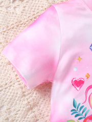 Kids' Pink Gradient Unicorn T - Shirt & Love - Patterned Denim - Textured Skirt Two - Piece Set