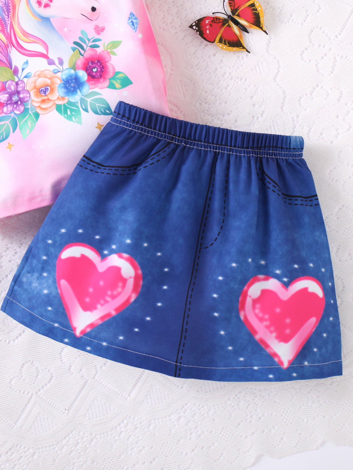 Kids' Pink Gradient Unicorn T - Shirt & Love - Patterned Denim - Textured Skirt Two - Piece Set