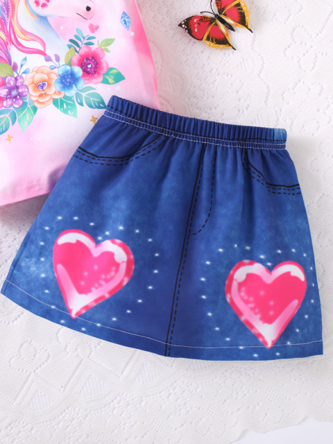 Kids' Pink Gradient Unicorn T - Shirt & Love - Patterned Denim - Textured Skirt Two - Piece Set
