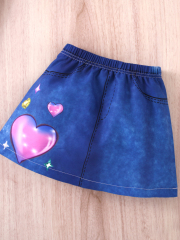 Kids' White Short - Sleeve (Happy Hat Print) & Love - Patterned Denim Skirt Two - Piece Set
