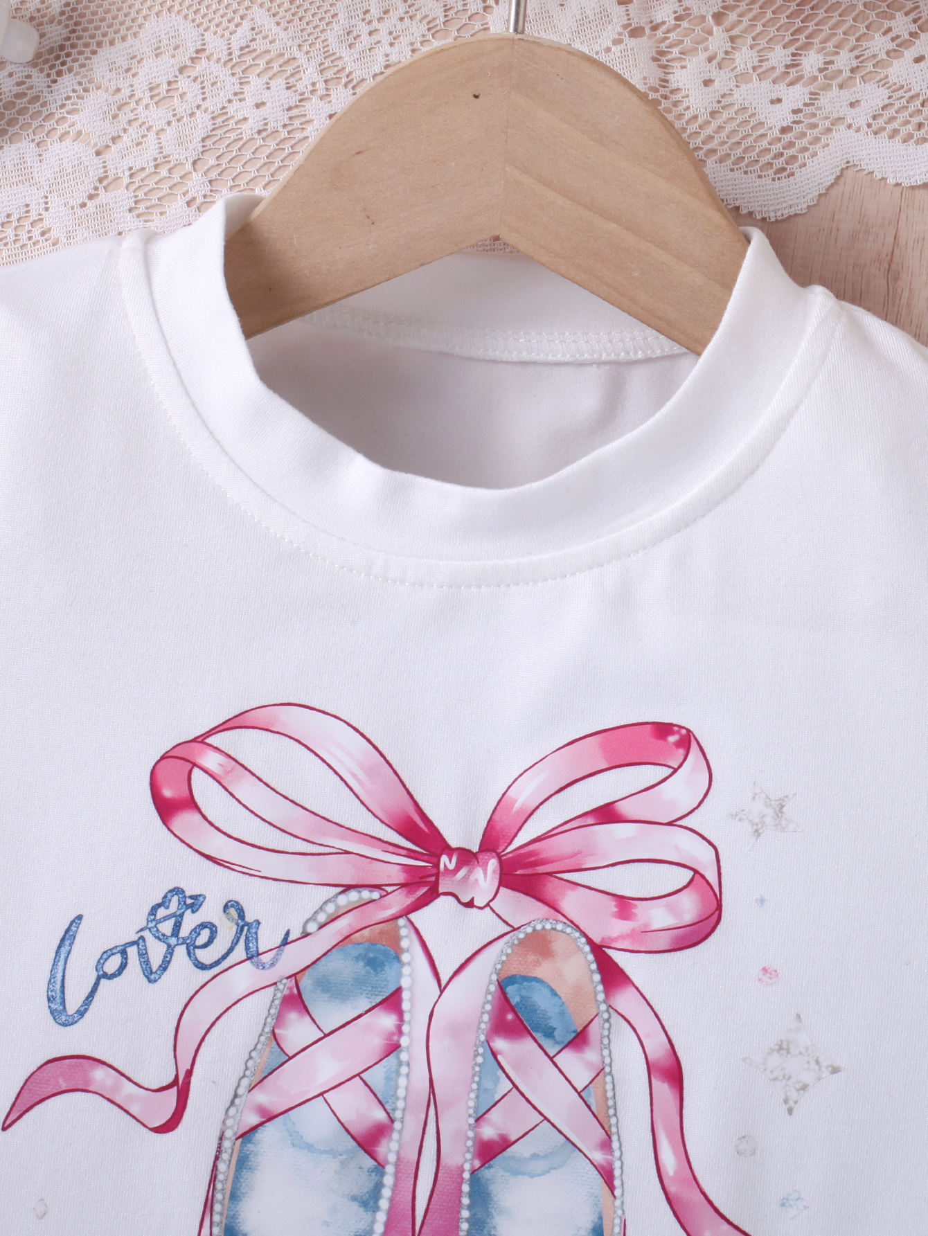 Kids' White Short - Sleeve (Ballet Shoe Pattern) & Bow - Decorated Blue Shorts Two - Piece Set