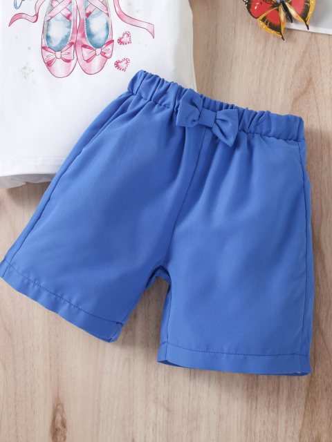 Kids' White Short - Sleeve (Ballet Shoe Pattern) & Bow - Decorated Blue Shorts Two - Piece Set
