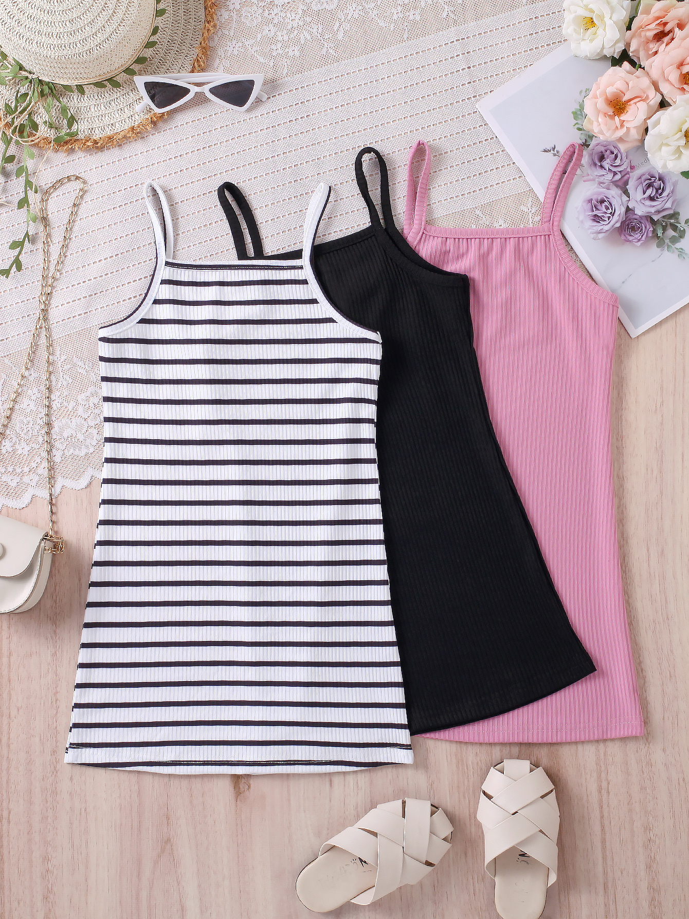 Sweet - Style Girls' Spaghetti Strap Ribbed Dress (Black/White/Pink - Three Colors)