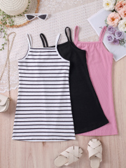 Sweet - Style Girls' Spaghetti Strap Ribbed Dress (Black/White/Pink - Three Colors)