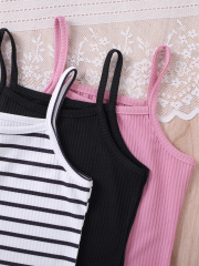 Sweet - Style Girls' Spaghetti Strap Ribbed Dress (Black/White/Pink - Three Colors)