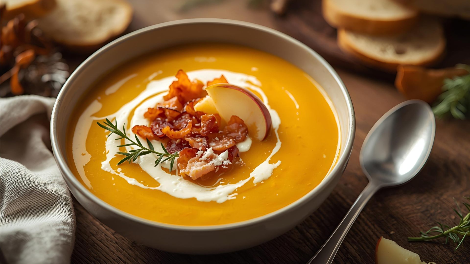 Butternut Squash Cream Soup with Apples and Bacon