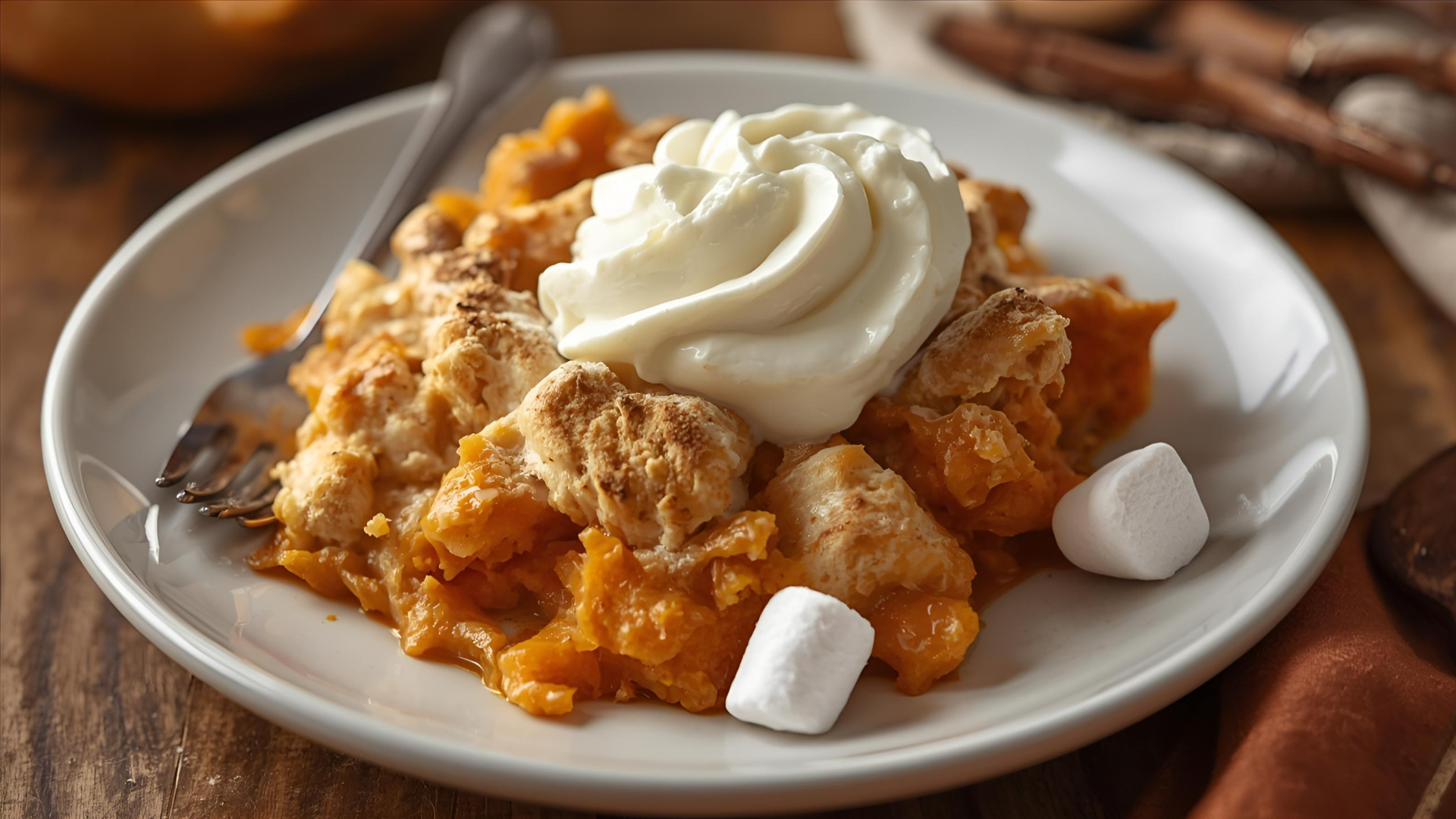 Sweet Potato Casserole with Whipped Cream & Marshmallows