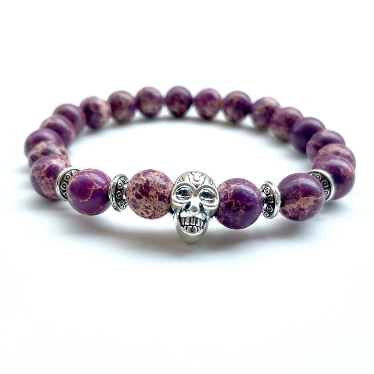 Royal Imperial Jasper Silver Skull  Stone Bracelet