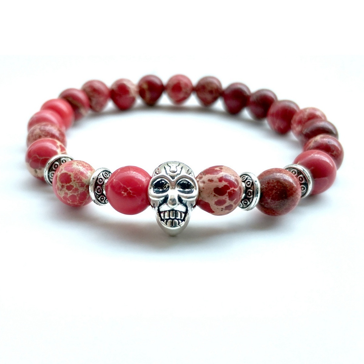 Royal Imperial Jasper Silver Skull  Stone Bracelet