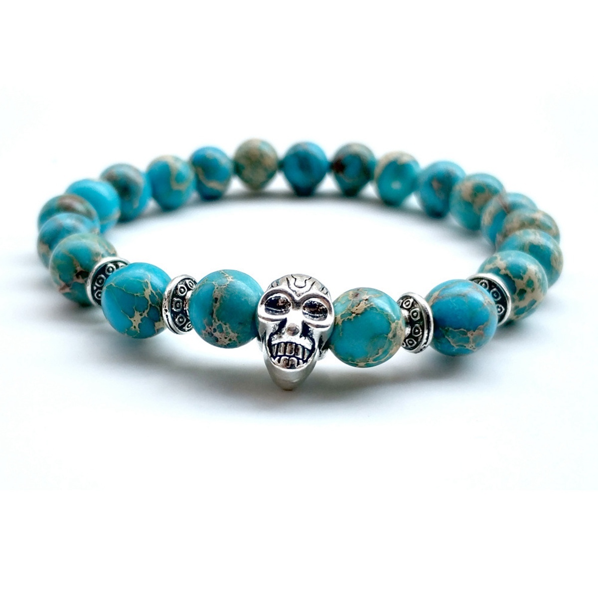 Royal Imperial Jasper Silver Skull  Stone Bracelet