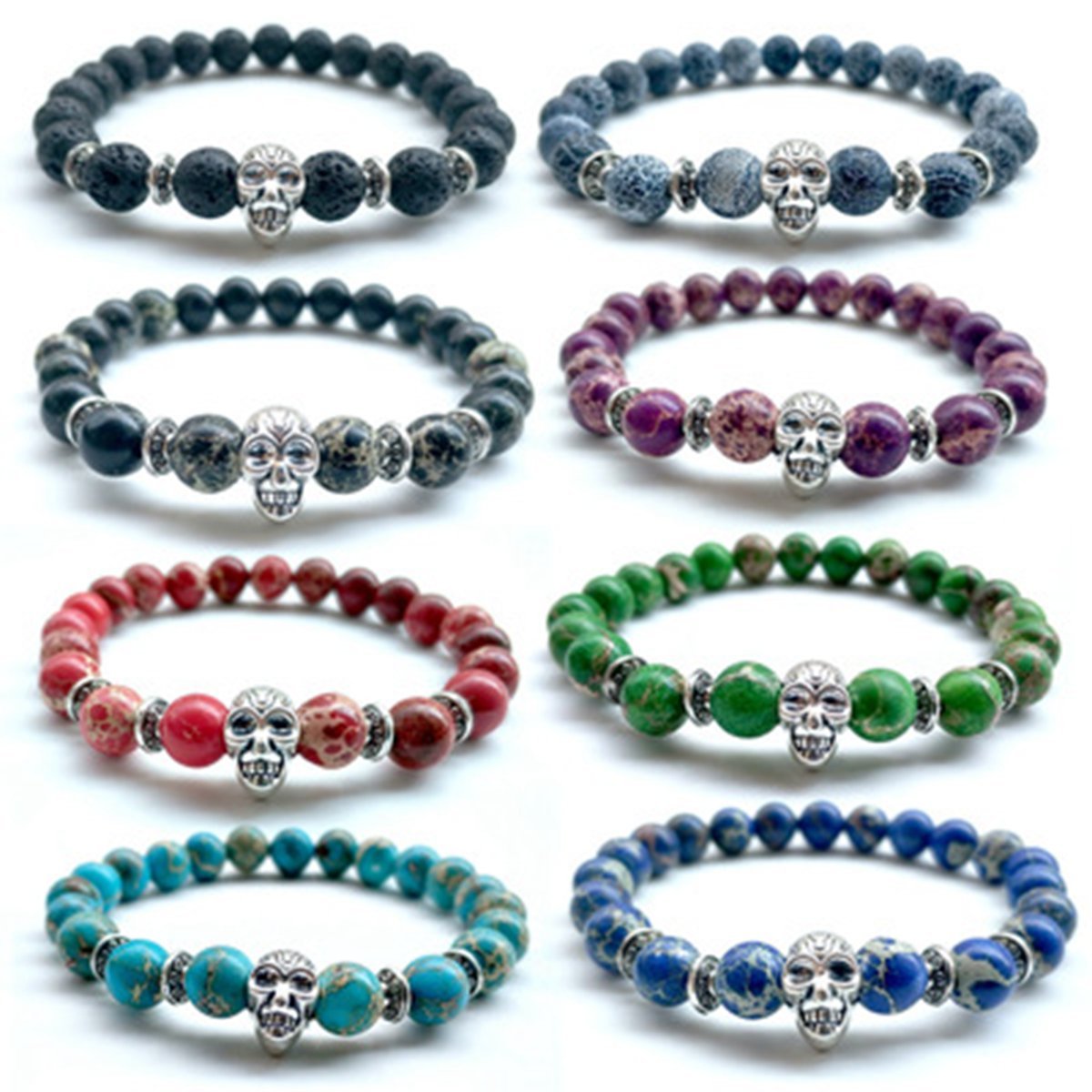 Royal Imperial Jasper Silver Skull  Stone Bracelet