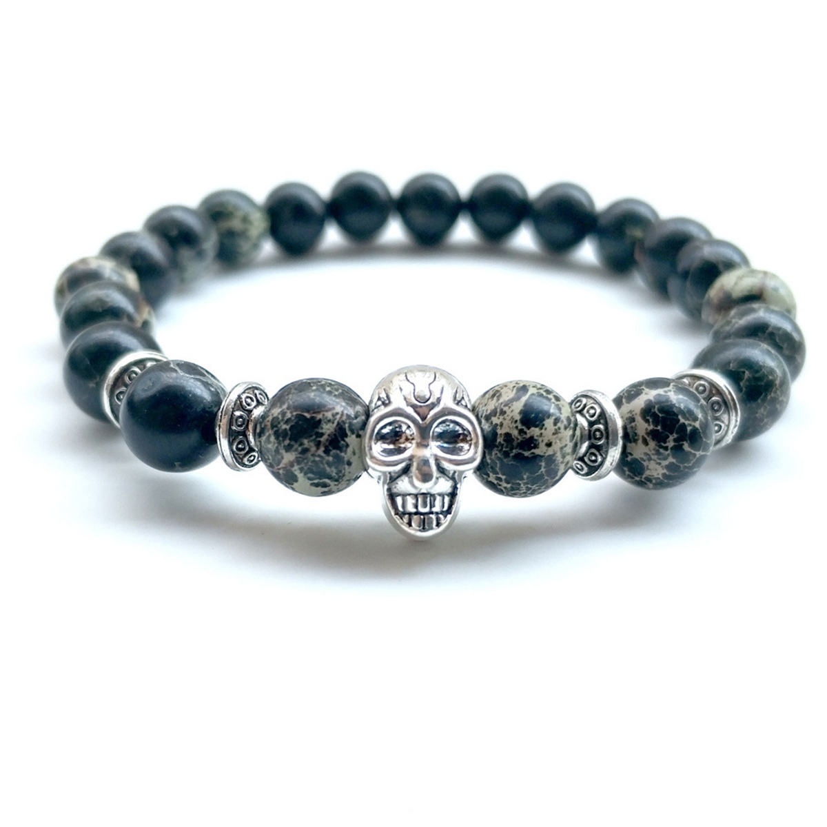 Royal Imperial Jasper Silver Skull  Stone Bracelet