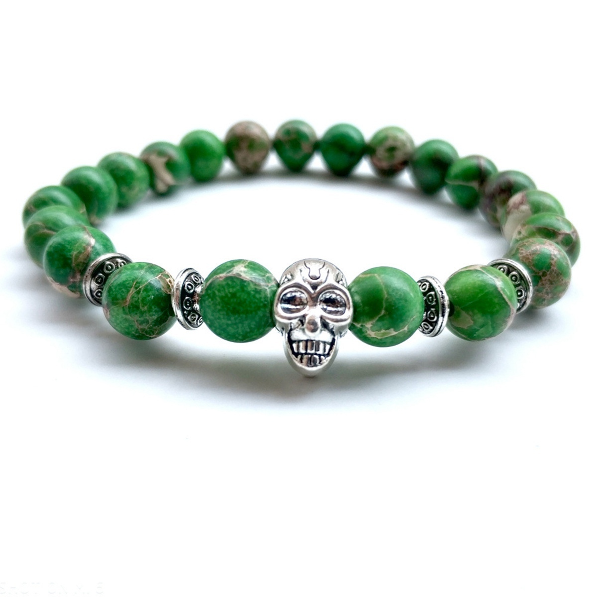 Royal Imperial Jasper Silver Skull  Stone Bracelet